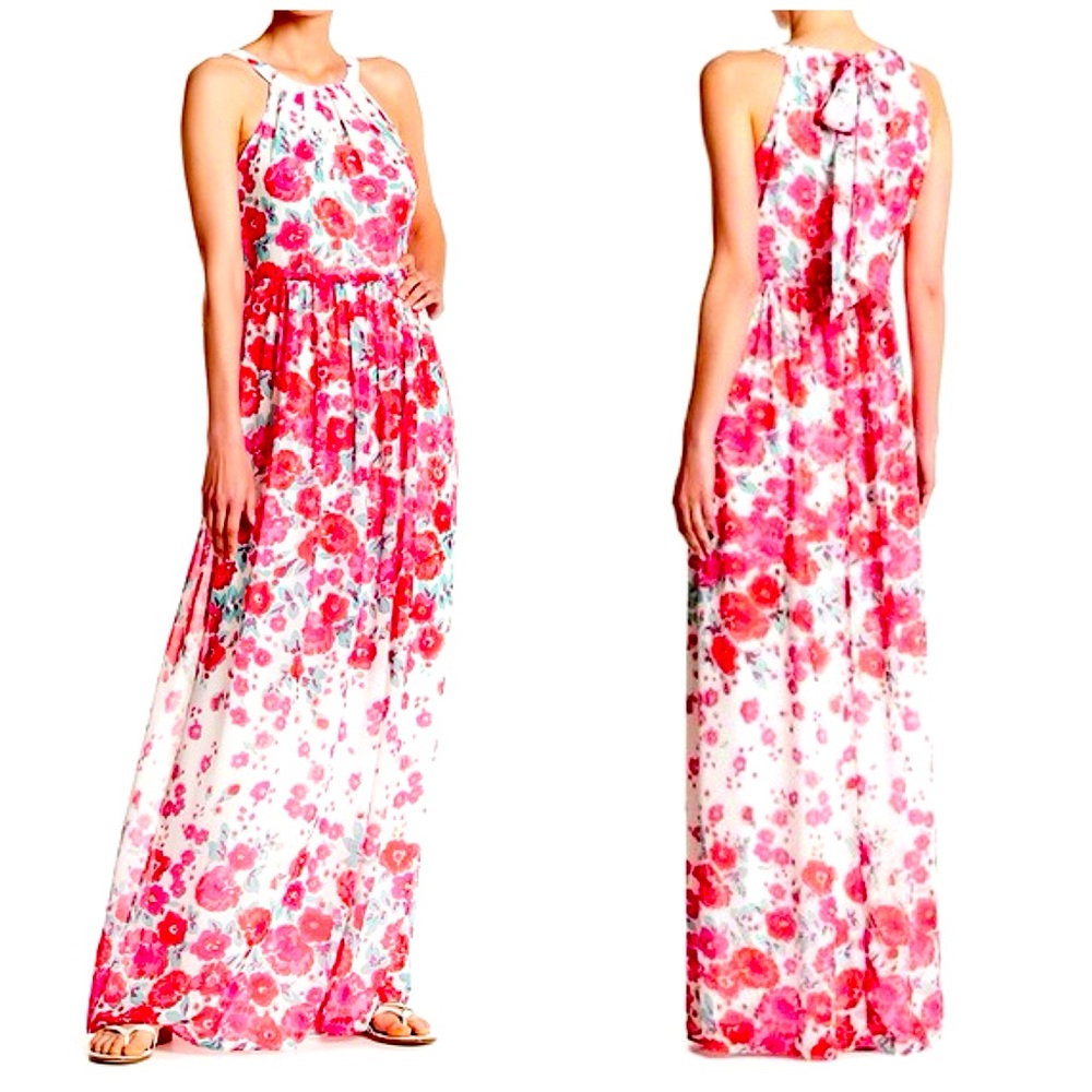 Eliza J Pink and Red Halter Maxi Sundress